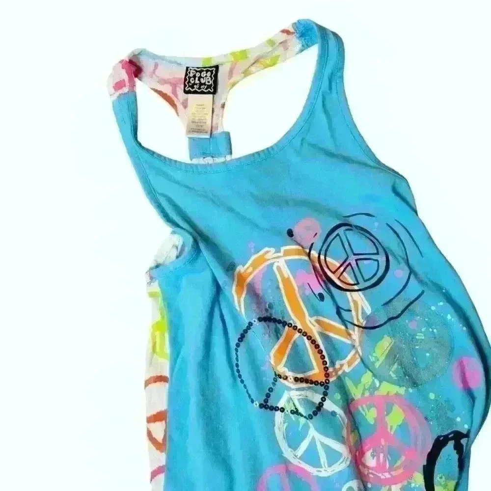 POGO CLUB Beach Cover HIPPIE BOHO Tank Top Racerback TEAL Peace Signs Lg 14/16 - Picture 6 of 6
